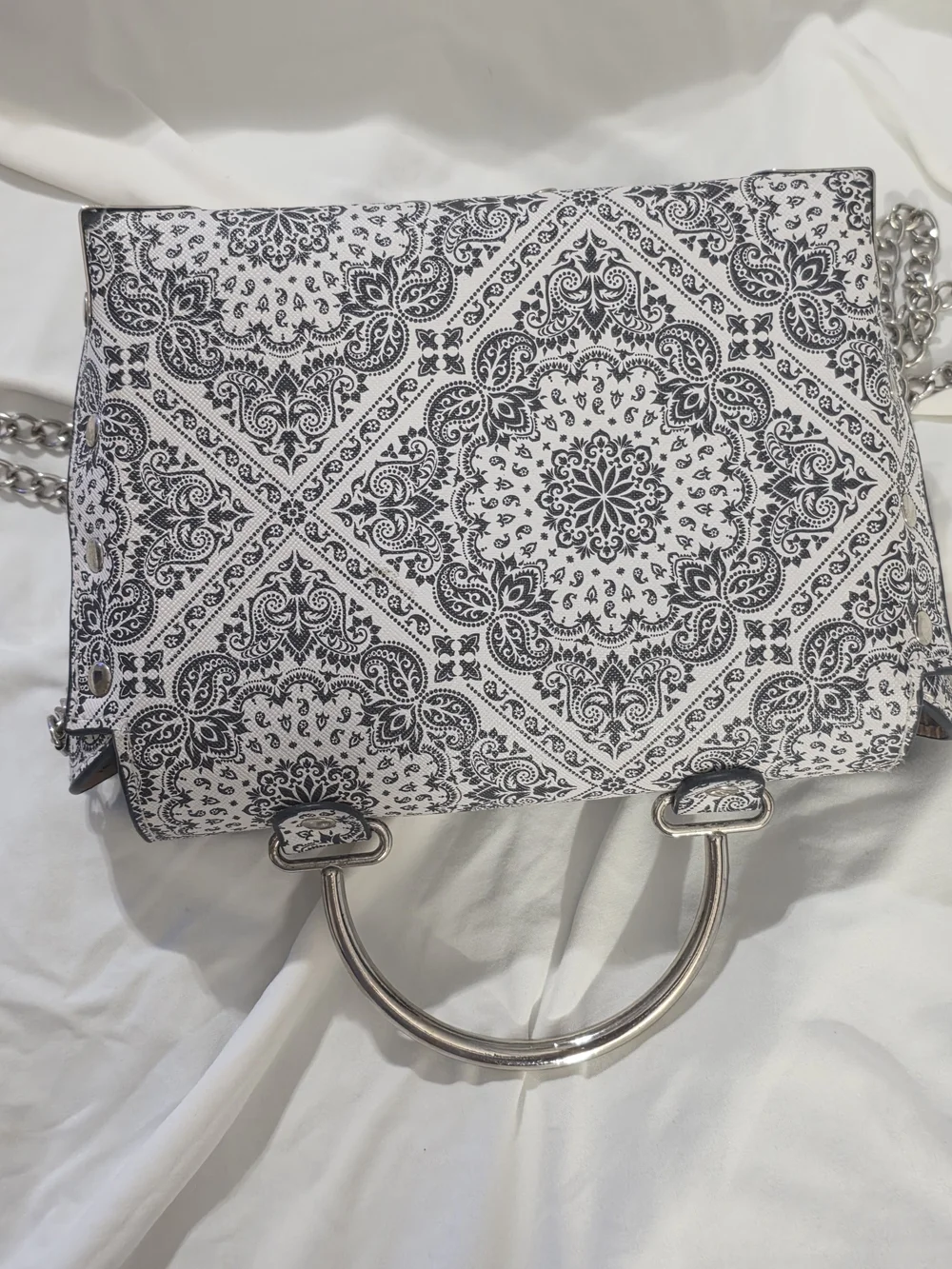 Black White Paisley Top Handle Bag Chain Strap Structured Purse